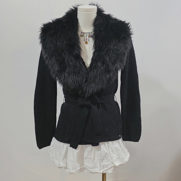Guess Sweaters - Guess Los Angeles dark black vintage wool faux fur wrap cardigan with tie